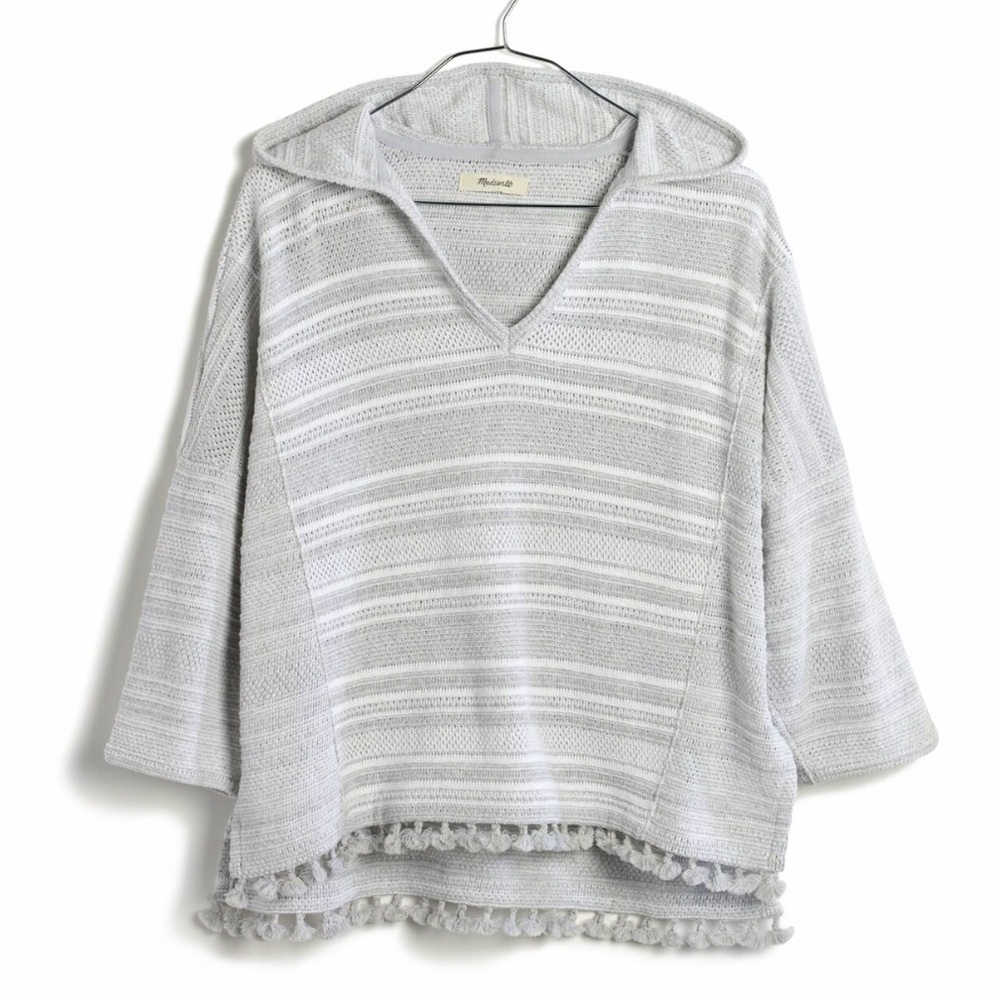 Madewell NWT Short Sleeve Fringe Hoodie Pom Boxy Cut Popover Hoodie